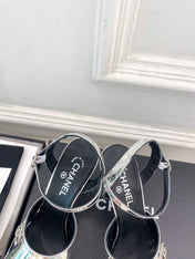 CHANEL 26S HIGH HEEL SLINGBACK SANDALS 90 MM IN SILVER LAMBSKIN WITH CC LOGO