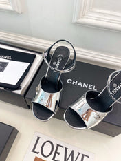 CHANEL 26S HIGH HEEL SLINGBACK SANDALS 90 MM IN SILVER LAMBSKIN WITH CC LOGO