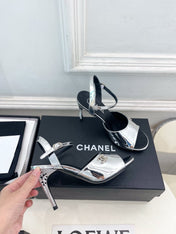 CHANEL 26S HIGH HEEL SLINGBACK SANDALS 90 MM IN SILVER LAMBSKIN WITH CC LOGO