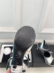 CHANEL 26S HIGH HEEL SLINGBACK SANDALS 90 MM IN SILVER LAMBSKIN WITH CC LOGO