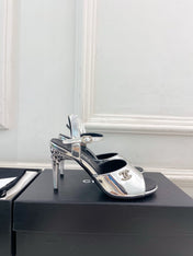 CHANEL 26S HIGH HEEL SLINGBACK SANDALS 90 MM IN SILVER LAMBSKIN WITH CC LOGO
