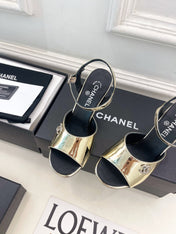 CHANEL 26S HIGH HEEL SLINGBACK SANDALS 90 MM IN GOLD LAMBSKIN WITH CC LOGO