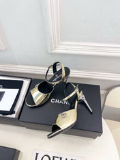 CHANEL 26S HIGH HEEL SLINGBACK SANDALS 90 MM IN GOLD LAMBSKIN WITH CC LOGO