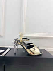 CHANEL 26S HIGH HEEL SLINGBACK SANDALS 90 MM IN GOLD LAMBSKIN WITH CC LOGO