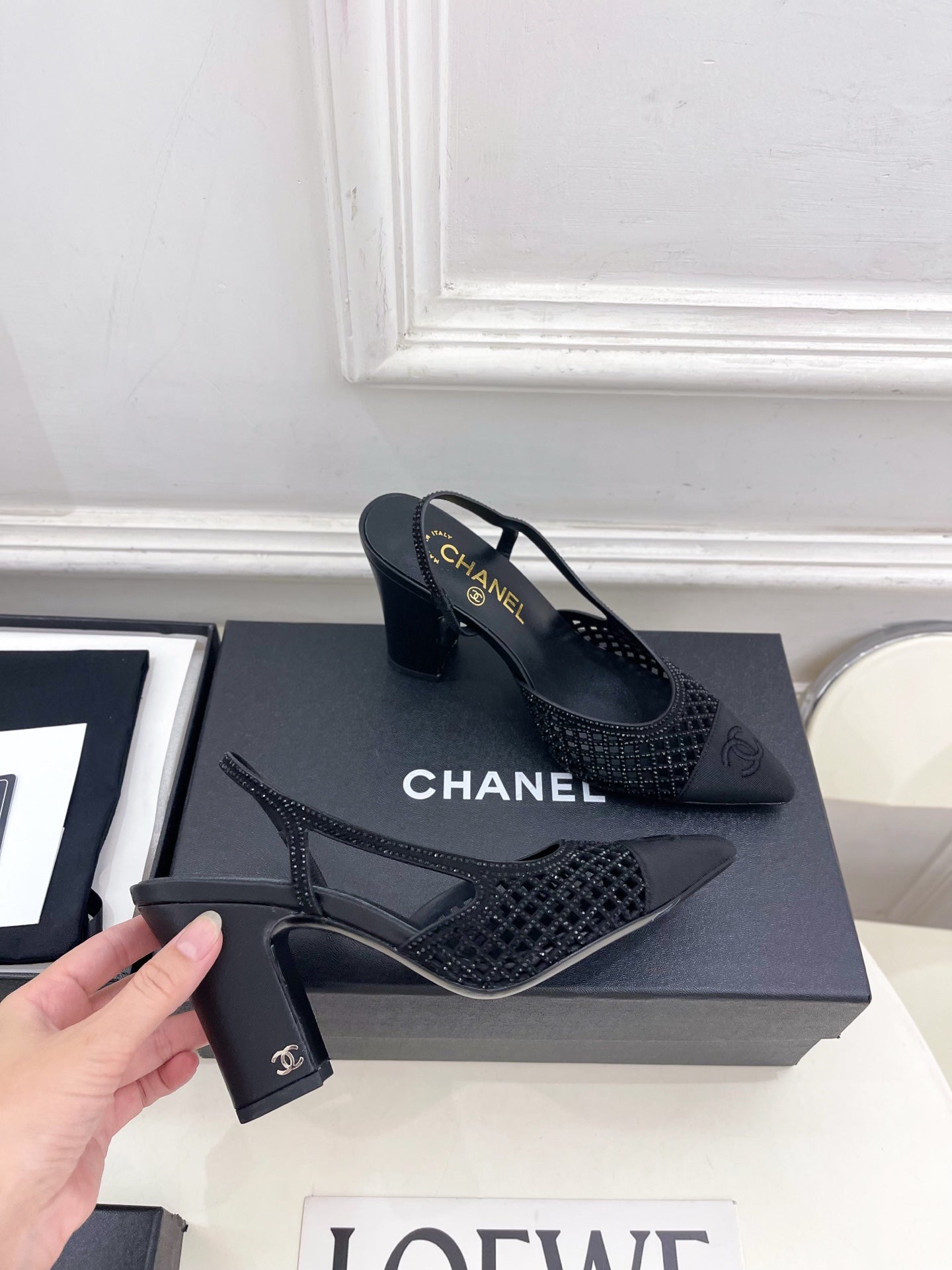 CHANEL 26S POINTED TOE HIGH HEEL SLINGBACK PUMPS 90 MM IN BLACK MESH