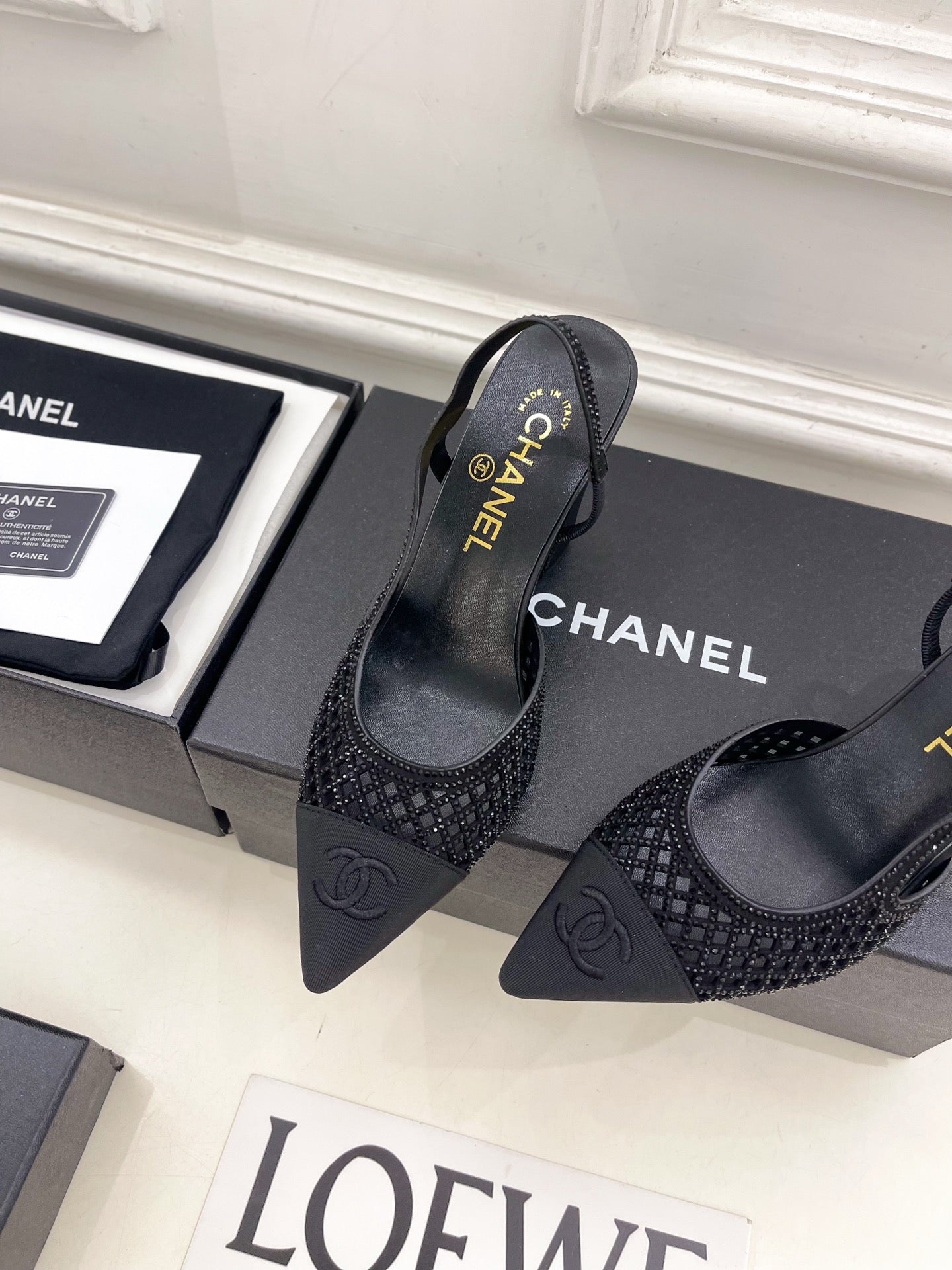 CHANEL 26S POINTED TOE HIGH HEEL SLINGBACK PUMPS 90 MM IN BLACK MESH