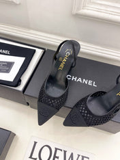 CHANEL 26S POINTED TOE HIGH HEEL SLINGBACK PUMPS 90 MM IN BLACK MESH