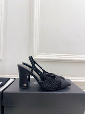 CHANEL 26S POINTED TOE HIGH HEEL SLINGBACK PUMPS 90 MM IN BLACK MESH