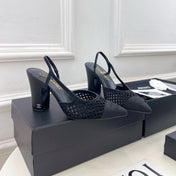 CHANEL 26S POINTED TOE HIGH HEEL SLINGBACK PUMPS 90 MM IN BLACK MESH