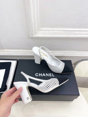 CHANEL 26S POINTED TOE HIGH HEEL SLINGBACK PUMPS 90 MM IN WHITE MESH WITH BLACK TOE CAP