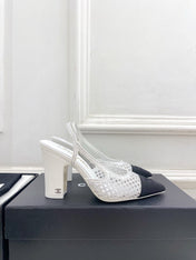 CHANEL 26S POINTED TOE HIGH HEEL SLINGBACK PUMPS 90 MM IN WHITE MESH WITH BLACK TOE CAP