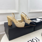 CHANEL 26S POINTED TOE HIGH HEEL SLINGBACK PUMPS 90 MM IN BEIGE MESH WITH BLACK TOE CAP