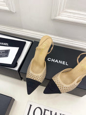 CHANEL 26S POINTED TOE HIGH HEEL SLINGBACK PUMPS 90 MM IN BEIGE MESH WITH BLACK TOE CAP