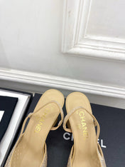 CHANEL 26S POINTED TOE HIGH HEEL SLINGBACK PUMPS 90 MM IN BEIGE MESH WITH BLACK TOE CAP
