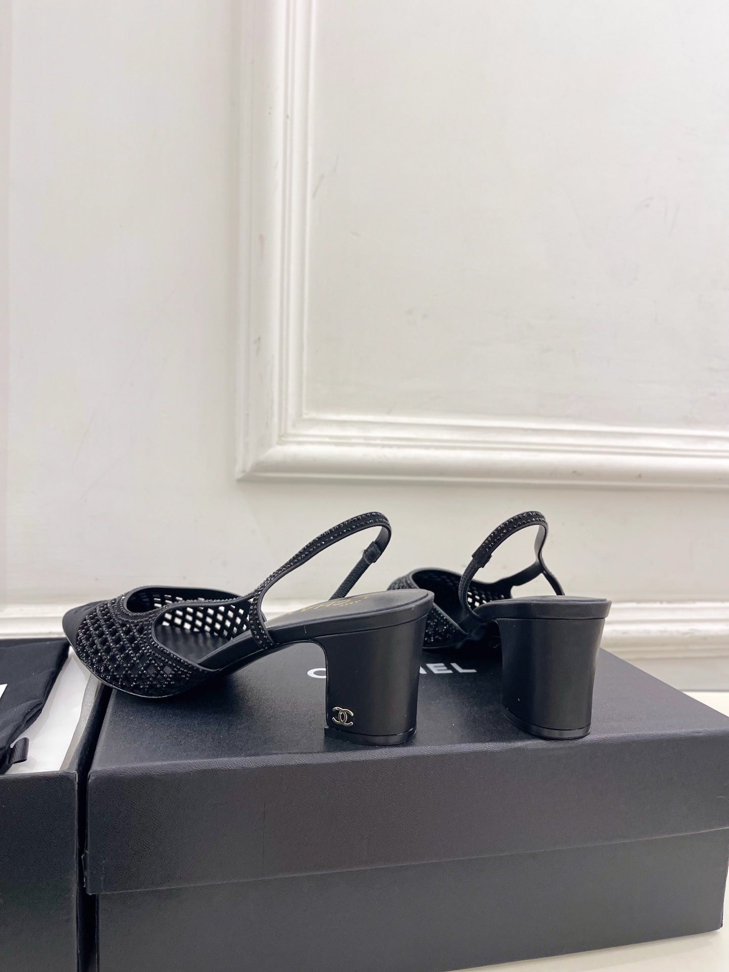 CHANEL 26S POINTED TOE HIGH HEEL SLINGBACK PUMPS 60MM IN BLACK MESH