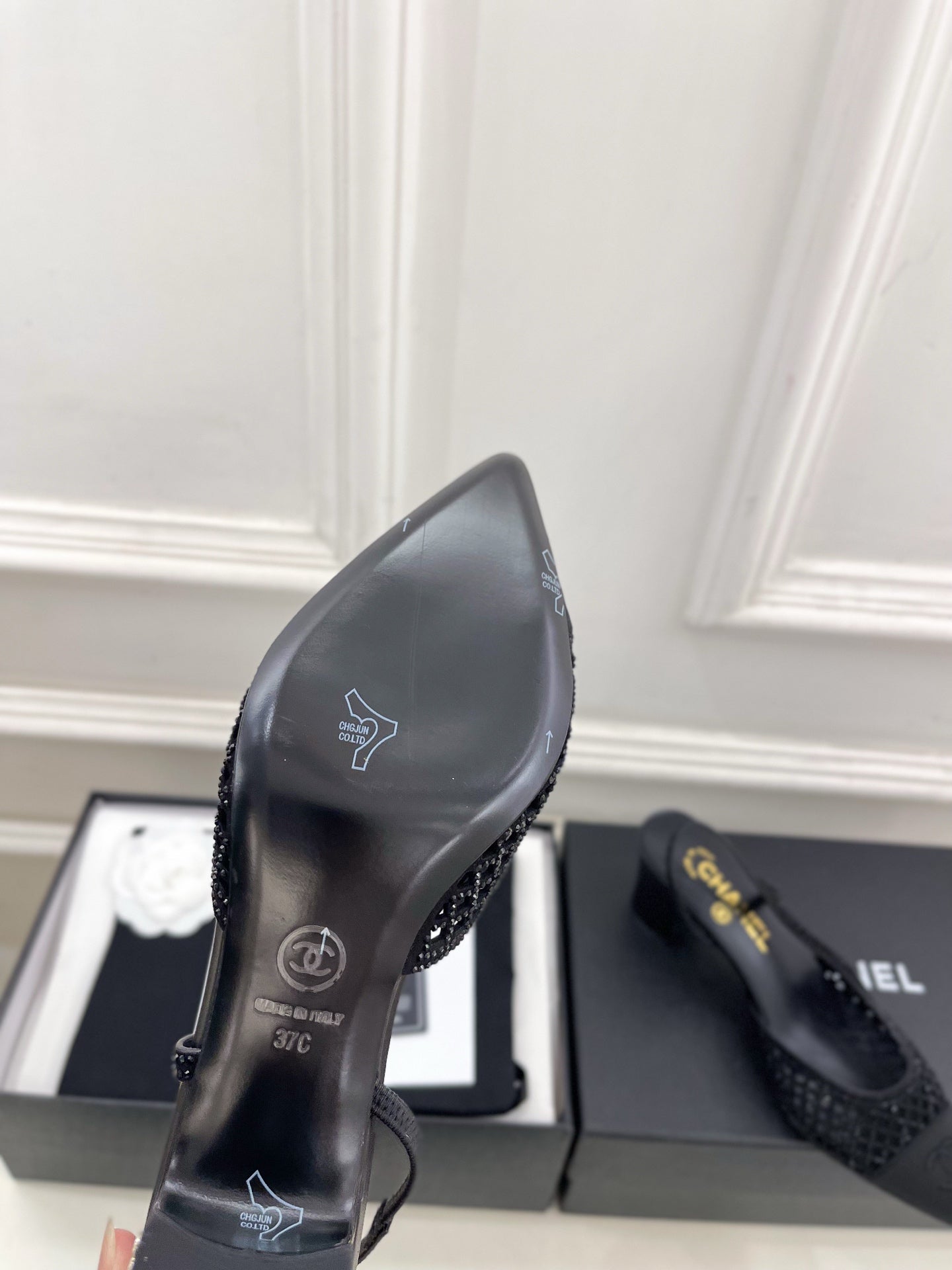 CHANEL 26S POINTED TOE HIGH HEEL SLINGBACK PUMPS 60MM IN BLACK MESH