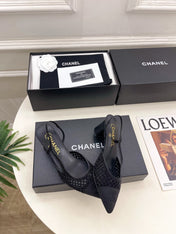 CHANEL 26S POINTED TOE HIGH HEEL SLINGBACK PUMPS 60MM IN BLACK MESH