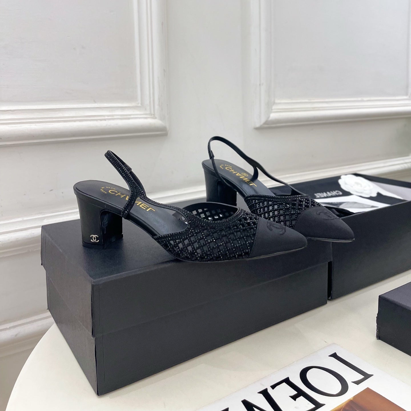 CHANEL 26S POINTED TOE HIGH HEEL SLINGBACK PUMPS 60MM IN BLACK MESH