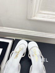 CHANEL 26S POINTED TOE HIGH HEEL SLINGBACK PUMPS 60MM IN WHITE MESH WITH BLACK TOE CAP