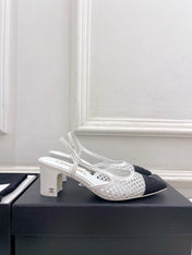 CHANEL 26S POINTED TOE HIGH HEEL SLINGBACK PUMPS 60MM IN WHITE MESH WITH BLACK TOE CAP