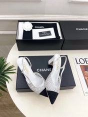 CHANEL 26S POINTED TOE HIGH HEEL SLINGBACK PUMPS 60MM IN WHITE MESH WITH BLACK TOE CAP