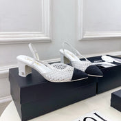 CHANEL 26S POINTED TOE HIGH HEEL SLINGBACK PUMPS 60MM IN WHITE MESH WITH BLACK TOE CAP