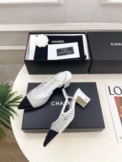CHANEL 26S POINTED TOE HIGH HEEL SLINGBACK PUMPS 60MM IN WHITE MESH WITH BLACK TOE CAP