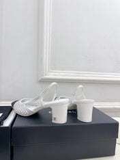 CHANEL 26S POINTED TOE HIGH HEEL SLINGBACK PUMPS 60MM IN WHITE MESH WITH BLACK TOE CAP