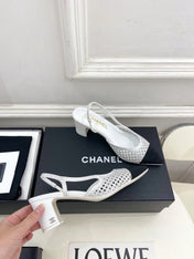 CHANEL 26S POINTED TOE HIGH HEEL SLINGBACK PUMPS 60MM IN WHITE MESH WITH BLACK TOE CAP