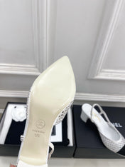 CHANEL 26S POINTED TOE HIGH HEEL SLINGBACK PUMPS 60MM IN WHITE MESH WITH BLACK TOE CAP