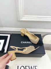 CHANEL 26S POINTED TOE HIGH HEEL SLINGBACK PUMPS 60MM IN BEIGE MESH WITH BLACK TOE CAP