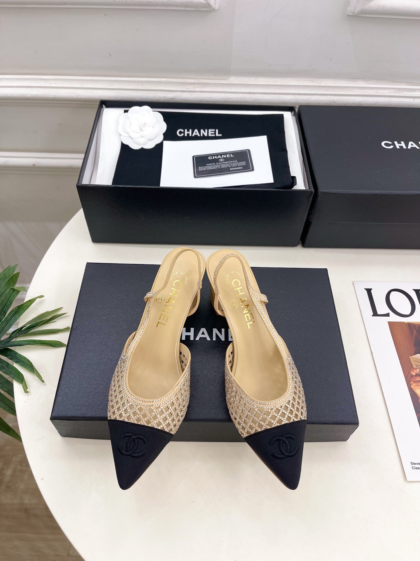 CHANEL 26S POINTED TOE HIGH HEEL SLINGBACK PUMPS 60MM IN BEIGE MESH WITH BLACK TOE CAP