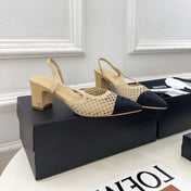 CHANEL 26S POINTED TOE HIGH HEEL SLINGBACK PUMPS 60MM IN BEIGE MESH WITH BLACK TOE CAP