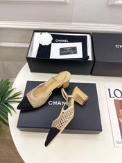 CHANEL 26S POINTED TOE HIGH HEEL SLINGBACK PUMPS 60MM IN BEIGE MESH WITH BLACK TOE CAP