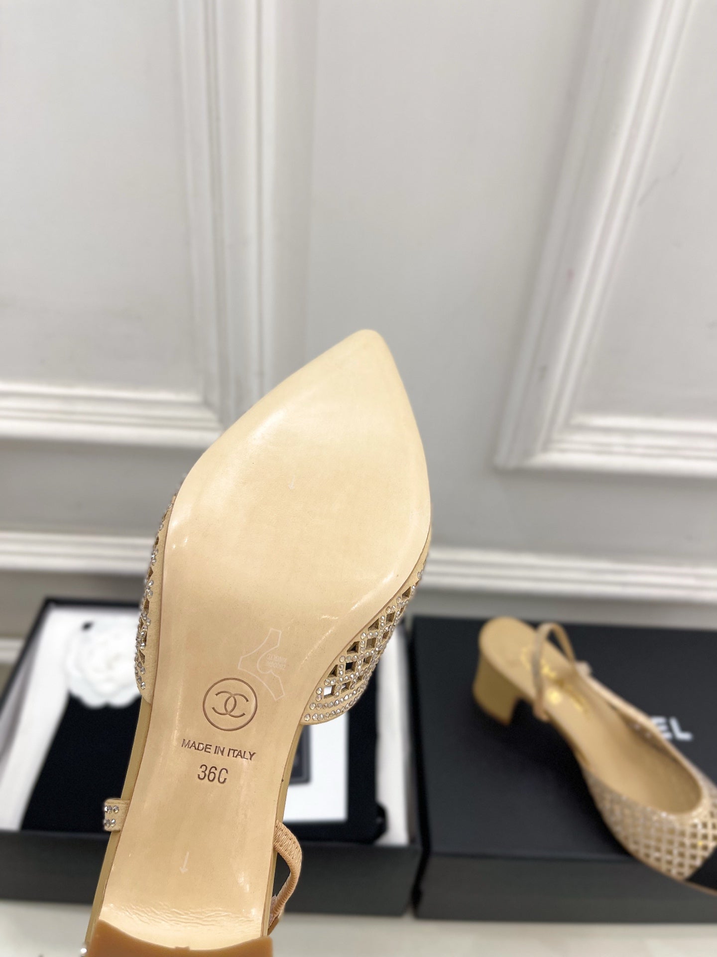 CHANEL 26S POINTED TOE HIGH HEEL SLINGBACK PUMPS 60MM IN BEIGE MESH WITH BLACK TOE CAP