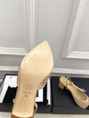 CHANEL 26S POINTED TOE HIGH HEEL SLINGBACK PUMPS 60MM IN BEIGE MESH WITH BLACK TOE CAP