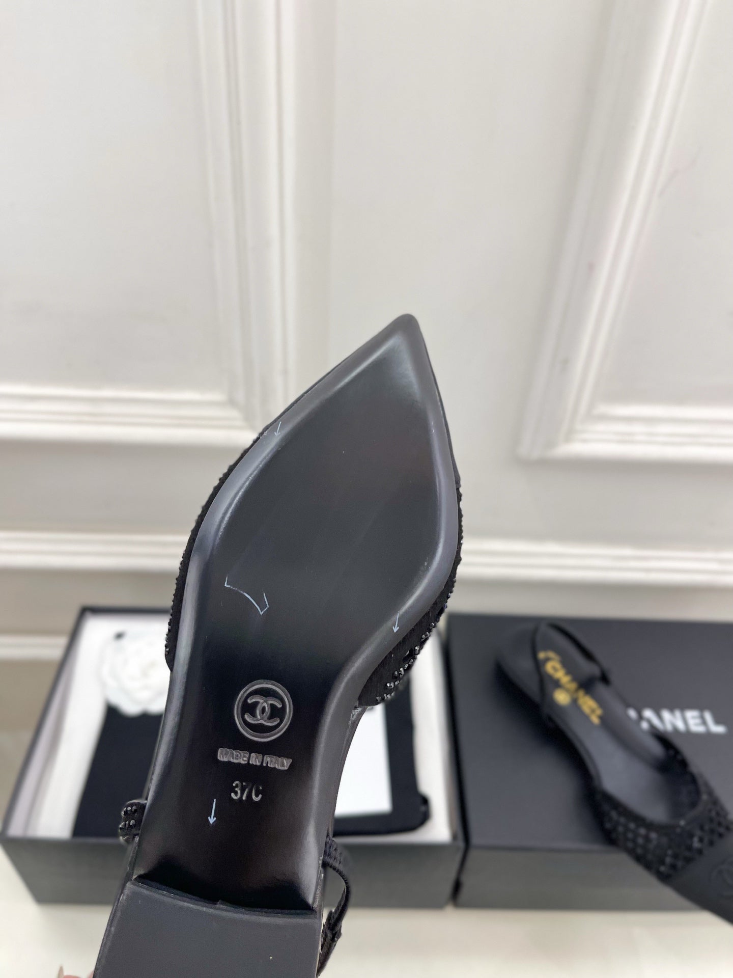 CHANEL 26S FLAT POINTED TOE SLINGBACK IN BLACK MESH