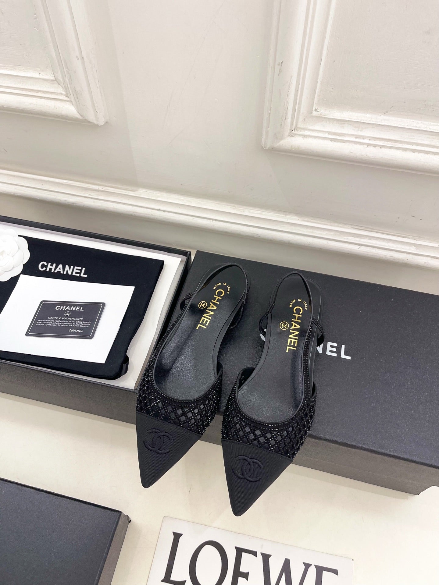 CHANEL 26S FLAT POINTED TOE SLINGBACK IN BLACK MESH