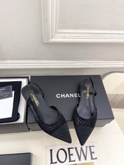 CHANEL 26S FLAT POINTED TOE SLINGBACK IN BLACK MESH