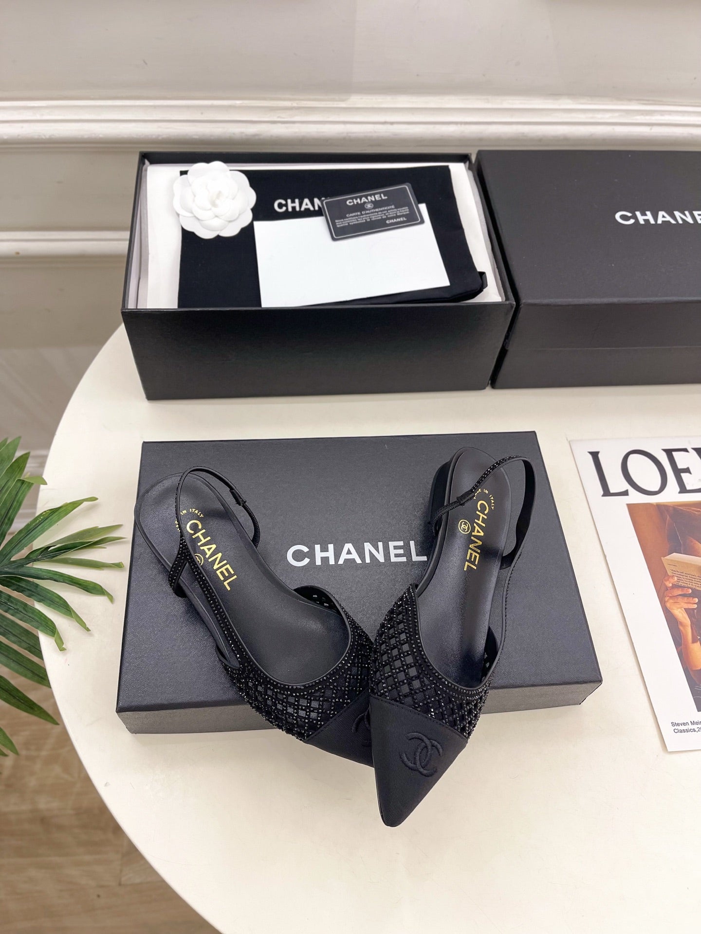 CHANEL 26S FLAT POINTED TOE SLINGBACK IN BLACK MESH