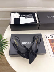 CHANEL 26S FLAT POINTED TOE SLINGBACK IN BLACK MESH
