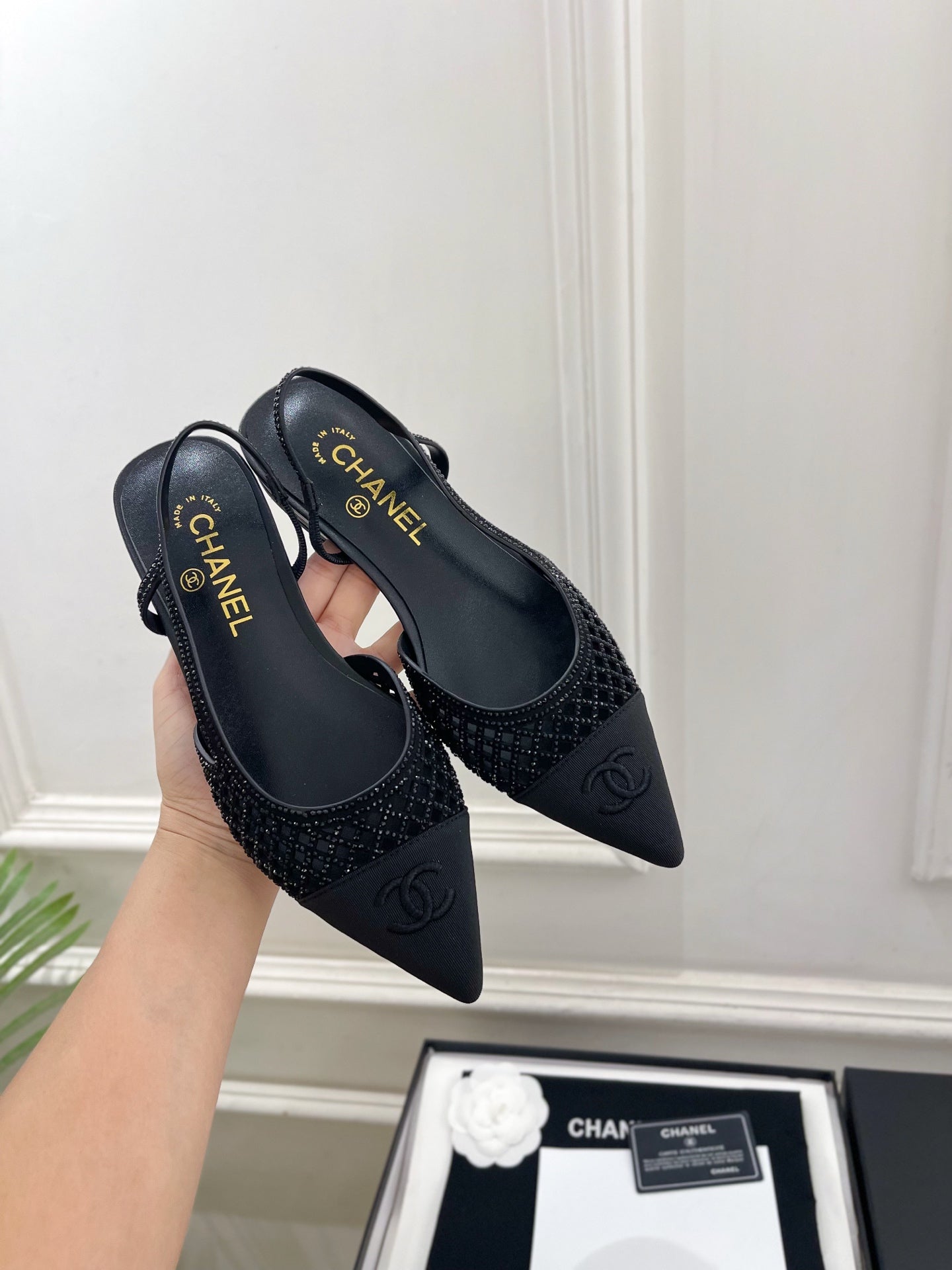 CHANEL 26S FLAT POINTED TOE SLINGBACK IN BLACK MESH