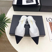 CHANEL 26S FLAT POINTED TOE SLINGBACK IN WHITE MESH WITH BLACK TOE CAP