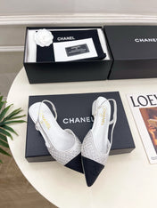 CHANEL 26S FLAT POINTED TOE SLINGBACK IN WHITE MESH WITH BLACK TOE CAP