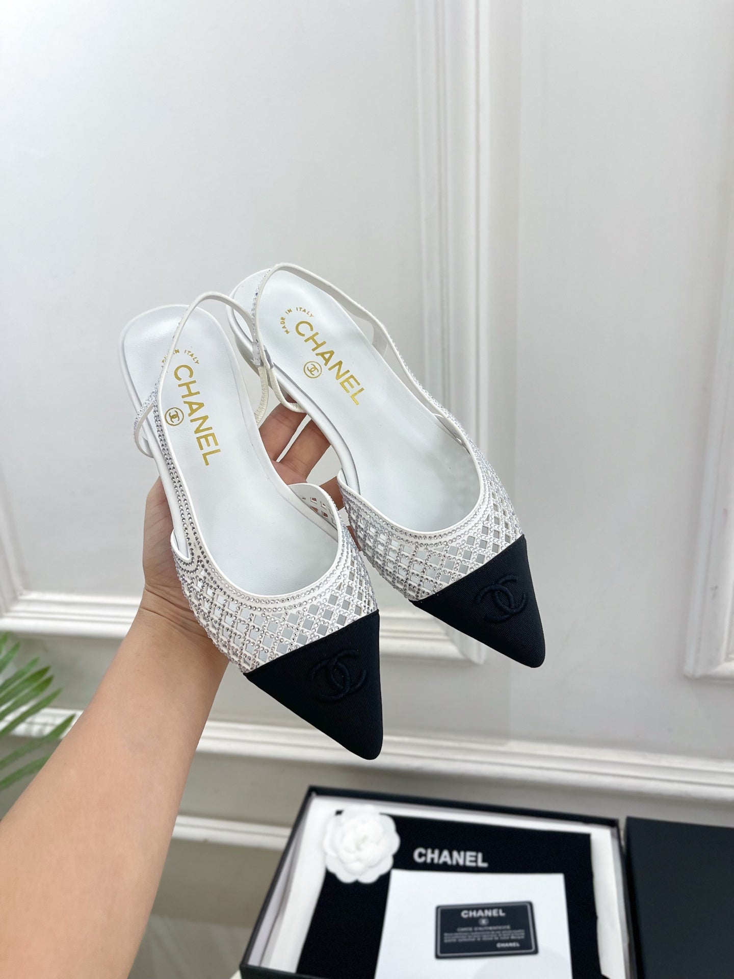 CHANEL 26S FLAT POINTED TOE SLINGBACK IN WHITE MESH WITH BLACK TOE CAP