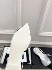 CHANEL 26S FLAT POINTED TOE SLINGBACK IN WHITE MESH WITH BLACK TOE CAP