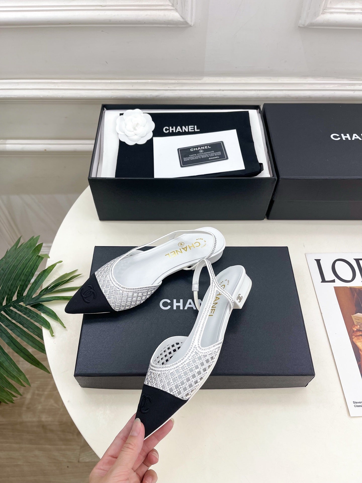 CHANEL 26S FLAT POINTED TOE SLINGBACK IN WHITE MESH WITH BLACK TOE CAP
