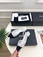 CHANEL 26S FLAT POINTED TOE SLINGBACK IN WHITE MESH WITH BLACK TOE CAP