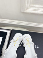 CHANEL 26S FLAT POINTED TOE SLINGBACK IN WHITE MESH WITH BLACK TOE CAP