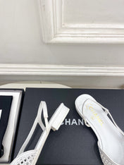 CHANEL 26S FLAT POINTED TOE SLINGBACK IN WHITE MESH WITH BLACK TOE CAP